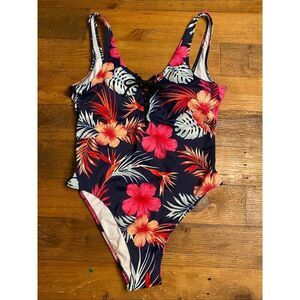 Victoria’s Secret PINK M one piece swimsuit floral blue pink lace up tropical